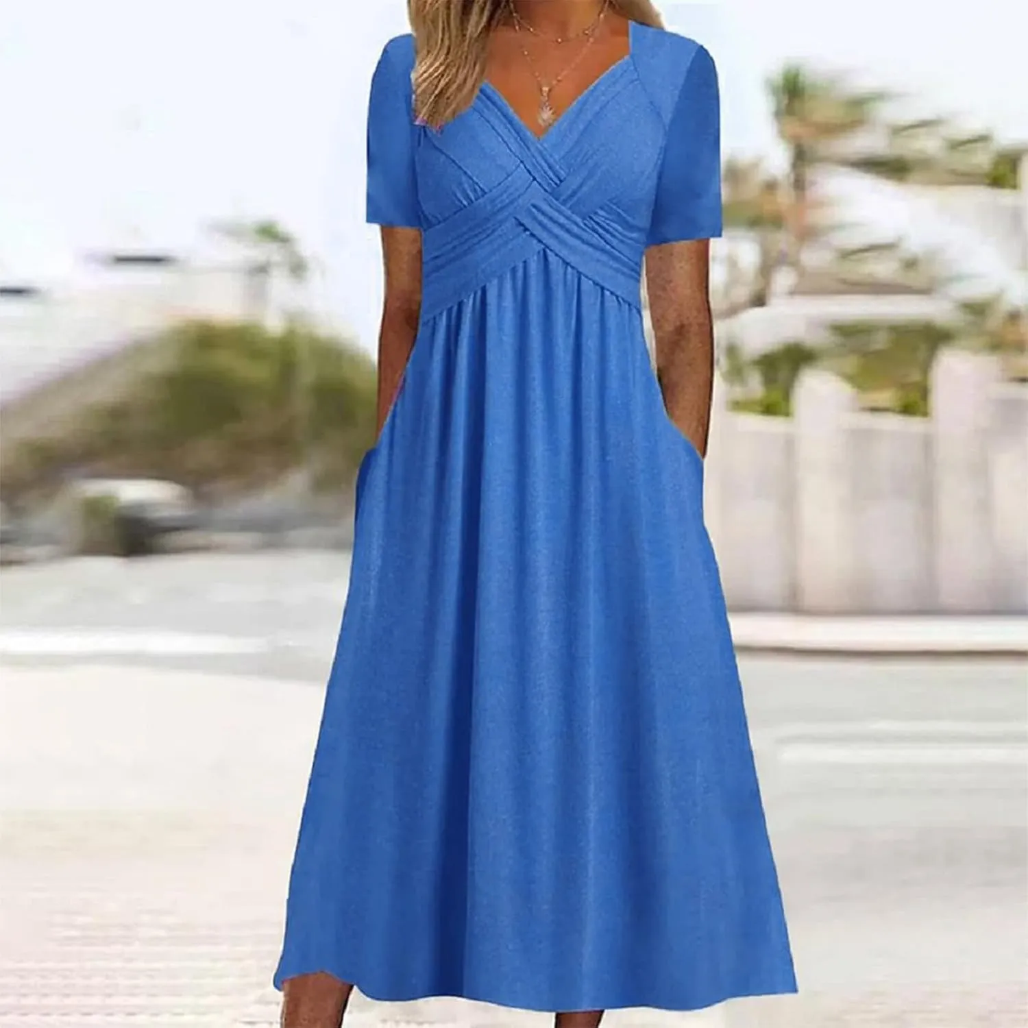 Summer Dress for Women V Neck Criss Cross A-Line Dress Short Sleeve Solid Midi Dress Pleated Wrap Dress with Pocket