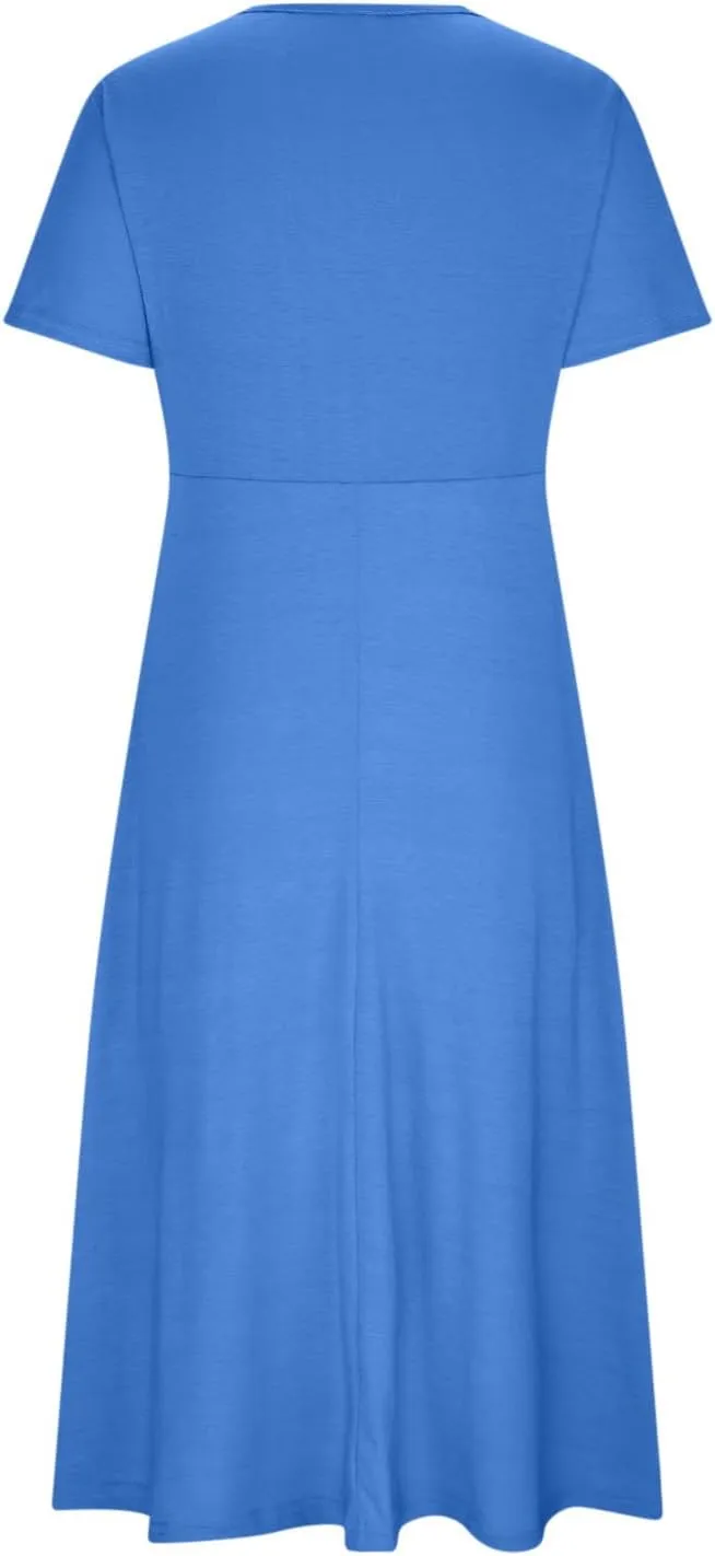 Summer Dress for Women V Neck Criss Cross A-Line Dress Short Sleeve Solid Midi Dress Pleated Wrap Dress with Pocket
