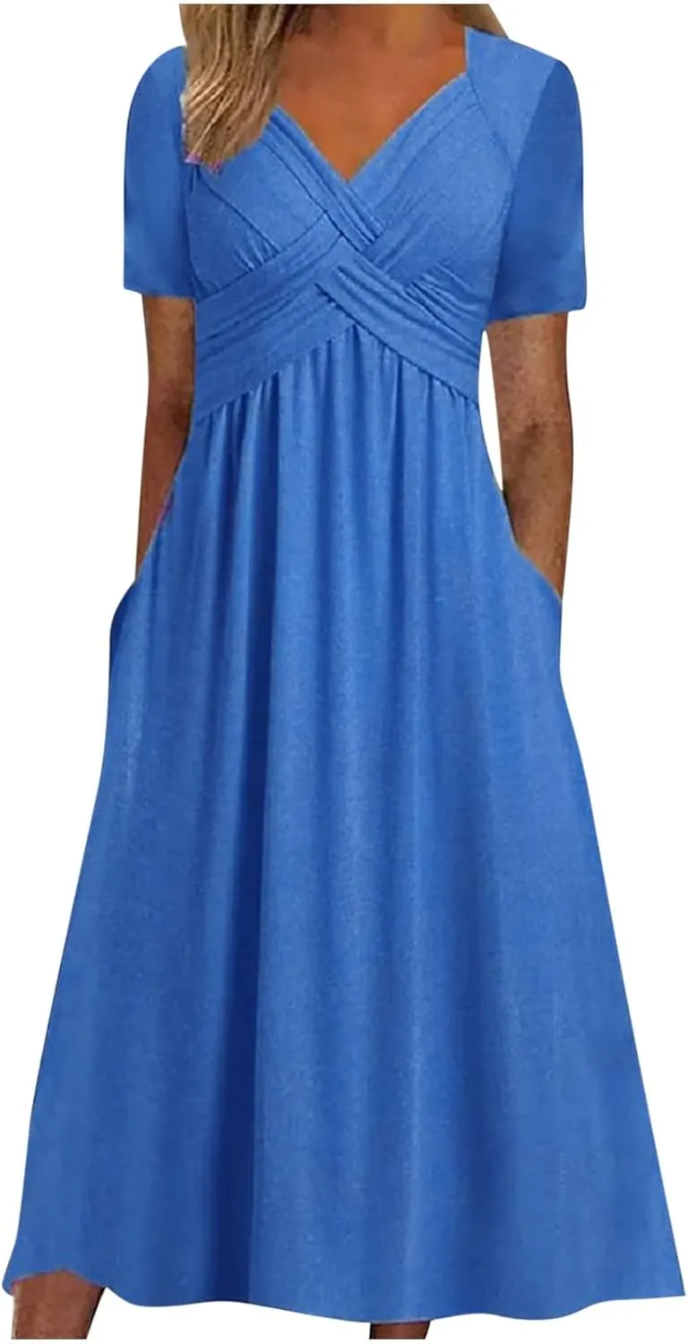 Summer Dress for Women V Neck Criss Cross A-Line Dress Short Sleeve Solid Midi Dress Pleated Wrap Dress with Pocket