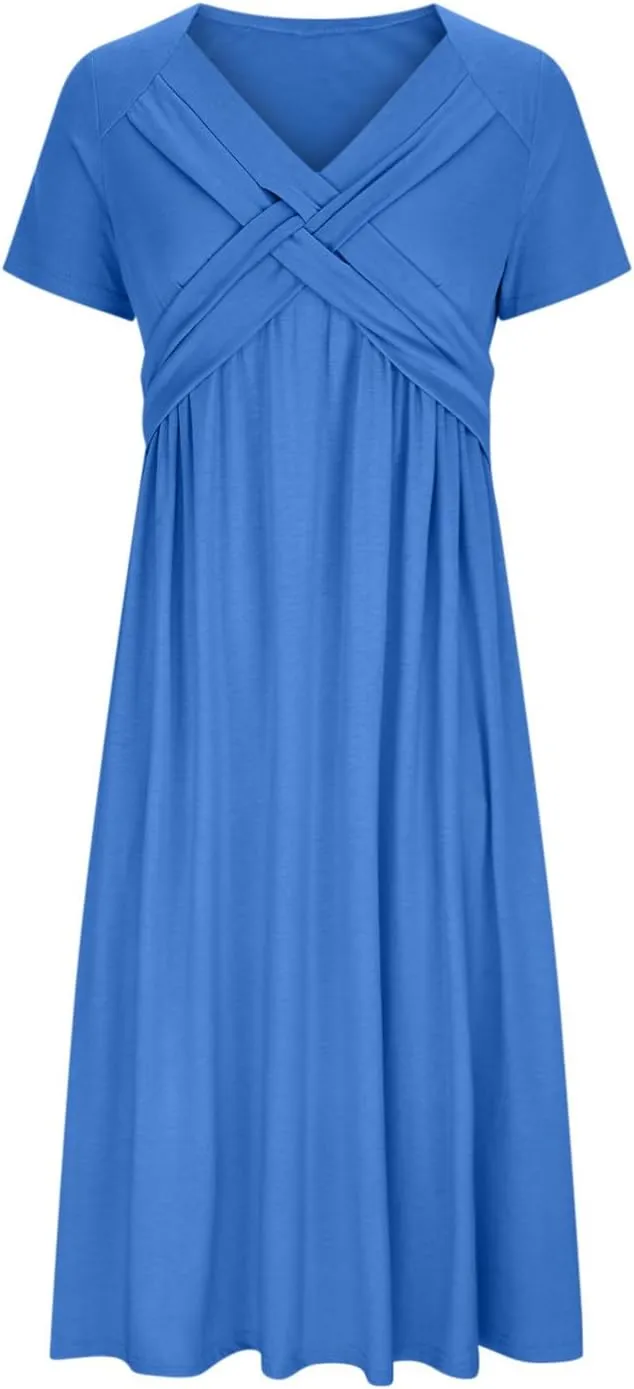 Summer Dress for Women V Neck Criss Cross A-Line Dress Short Sleeve Solid Midi Dress Pleated Wrap Dress with Pocket