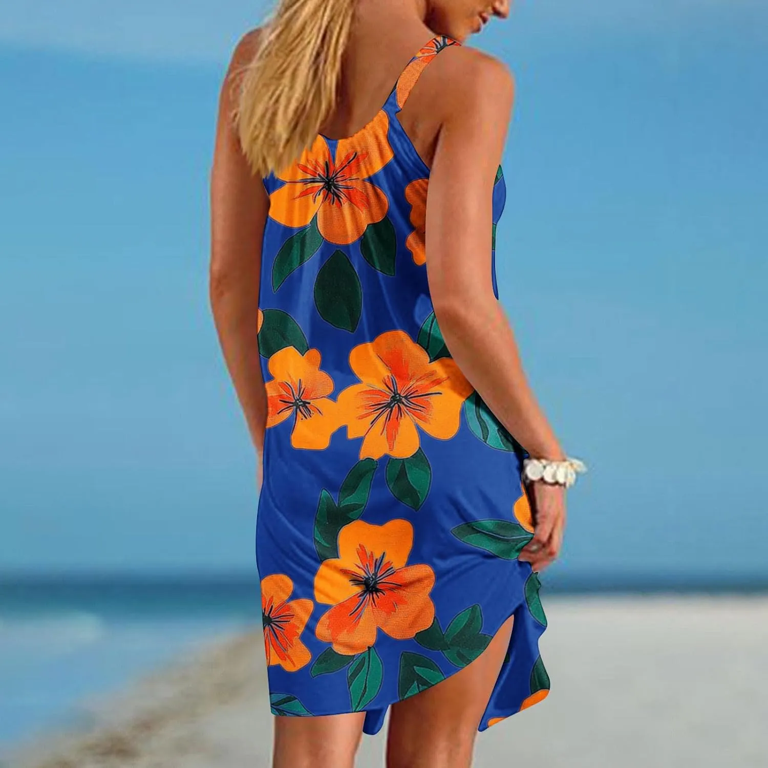 Summer Fashion Print Beach Short Dress for Women, Sleeveless Strappy Sundress Comfy Breathable Trendy Clothes