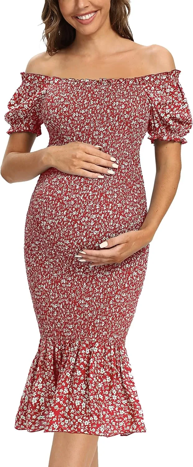 Summer Floral Midi Bodycon Maternity Dresses, Short Puff Sleeve Square Neck Ruffle Hem Mermaid Baby Shower Dress