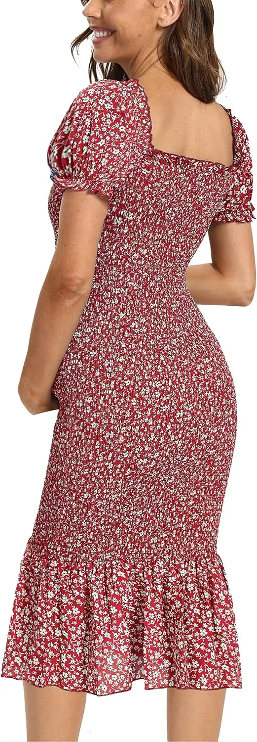 Summer Floral Midi Bodycon Maternity Dresses, Short Puff Sleeve Square Neck Ruffle Hem Mermaid Baby Shower Dress