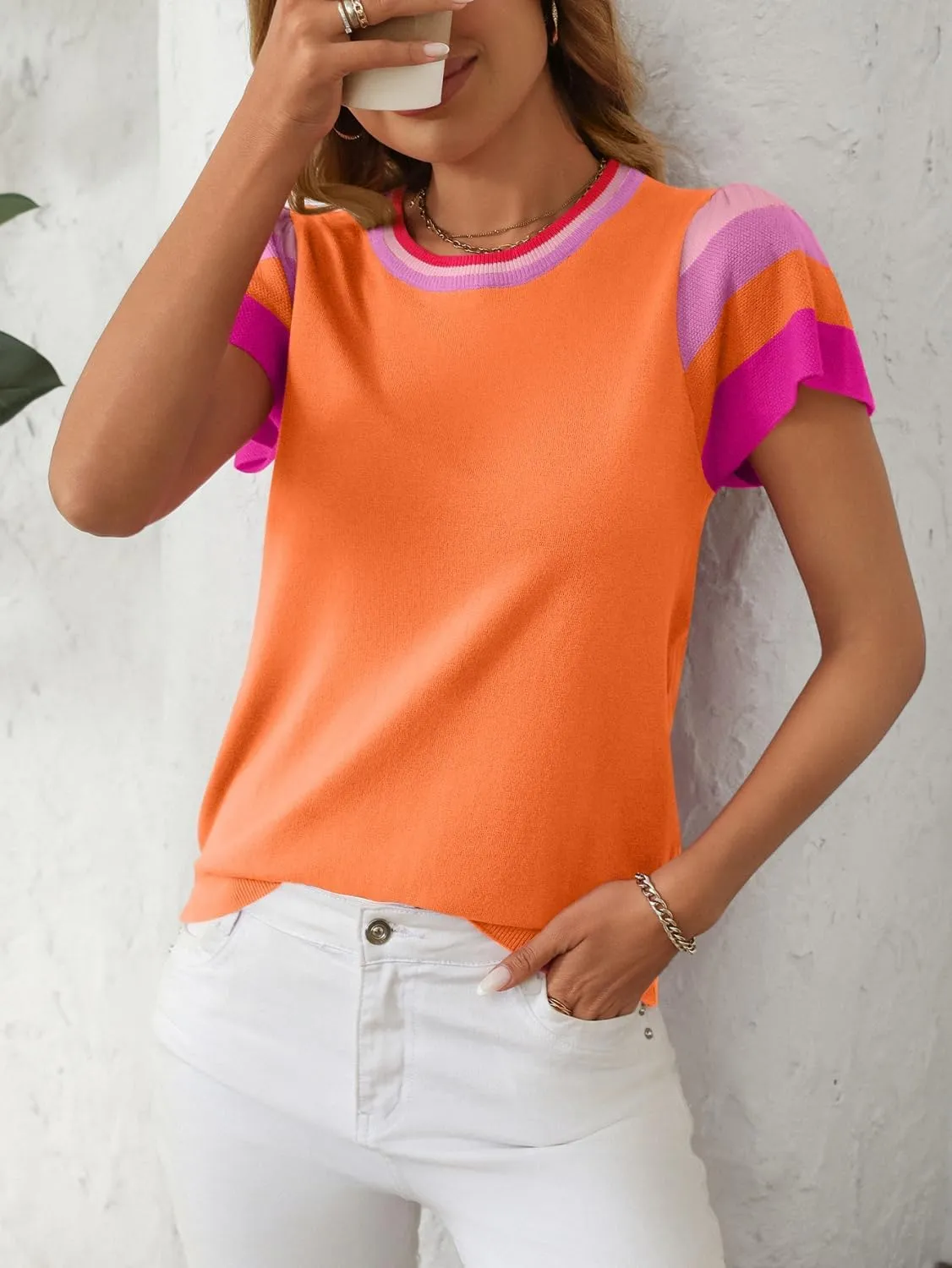Summer Tops for Women 2025 Casual Crewneck Cap Sleeve Shirts Loose Fit Lightweight Knit Sweater Pullover Top