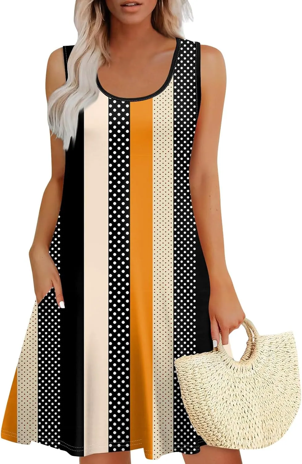 Sundress for Woman Tank Dress Spring Beach Dress A Line Dresses Sleeveless Patterned Boho Dress Summer with Pocket
