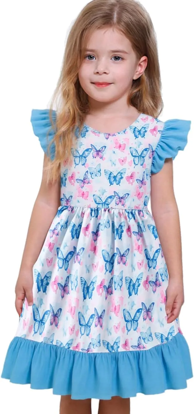 Toddler Girl Dresses Flutter Sleeve Summer Clothes School Outfit Girls Casual Swing Ruffle Dress 1-7 Years