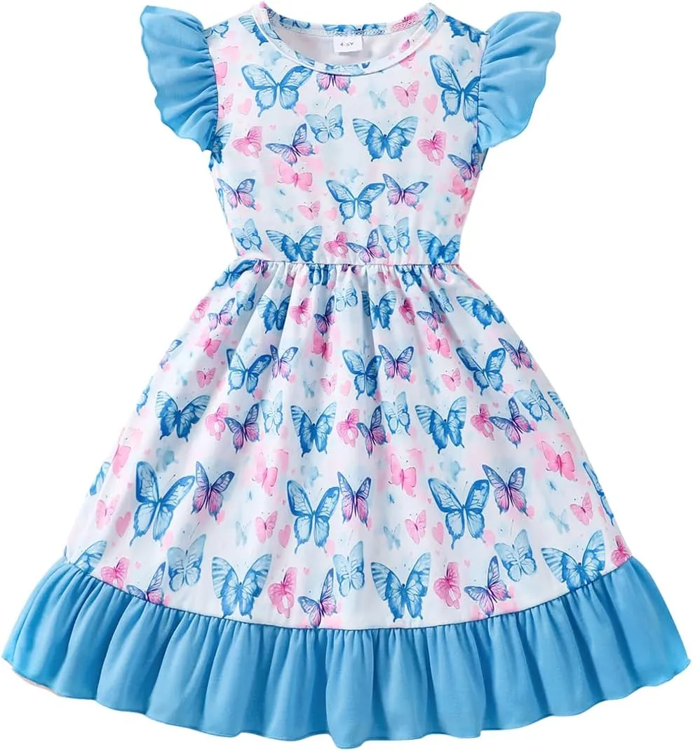Toddler Girl Dresses Flutter Sleeve Summer Clothes School Outfit Girls Casual Swing Ruffle Dress 1-7 Years