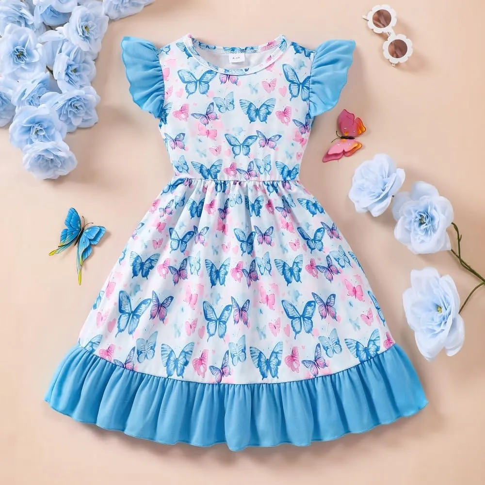 Toddler Girl Dresses Flutter Sleeve Summer Clothes School Outfit Girls Casual Swing Ruffle Dress 1-7 Years