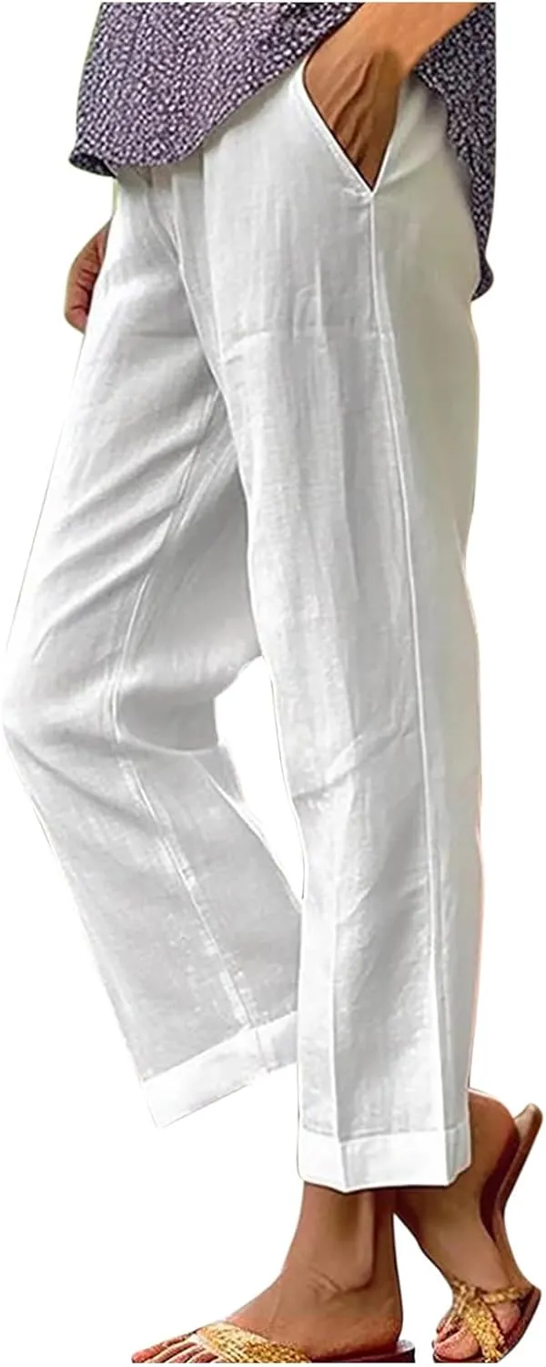 Women Cotton Linen Lounge Pants Comfy Elastic Waist Summer Beach Vacation Slacks 2025 Stylish Casual Trousers