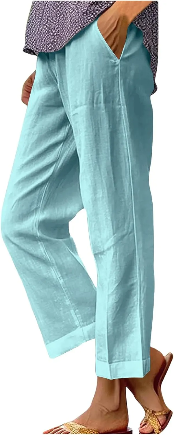 Women Cotton Linen Lounge Pants Comfy Elastic Waist Summer Beach Vacation Slacks 2025 Stylish Casual Trousers