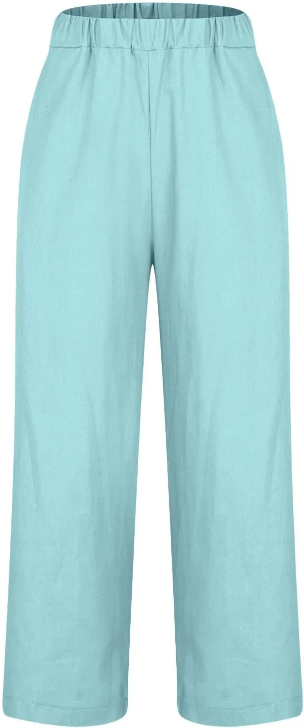 Women Cotton Linen Lounge Pants Comfy Elastic Waist Summer Beach Vacation Slacks 2025 Stylish Casual Trousers
