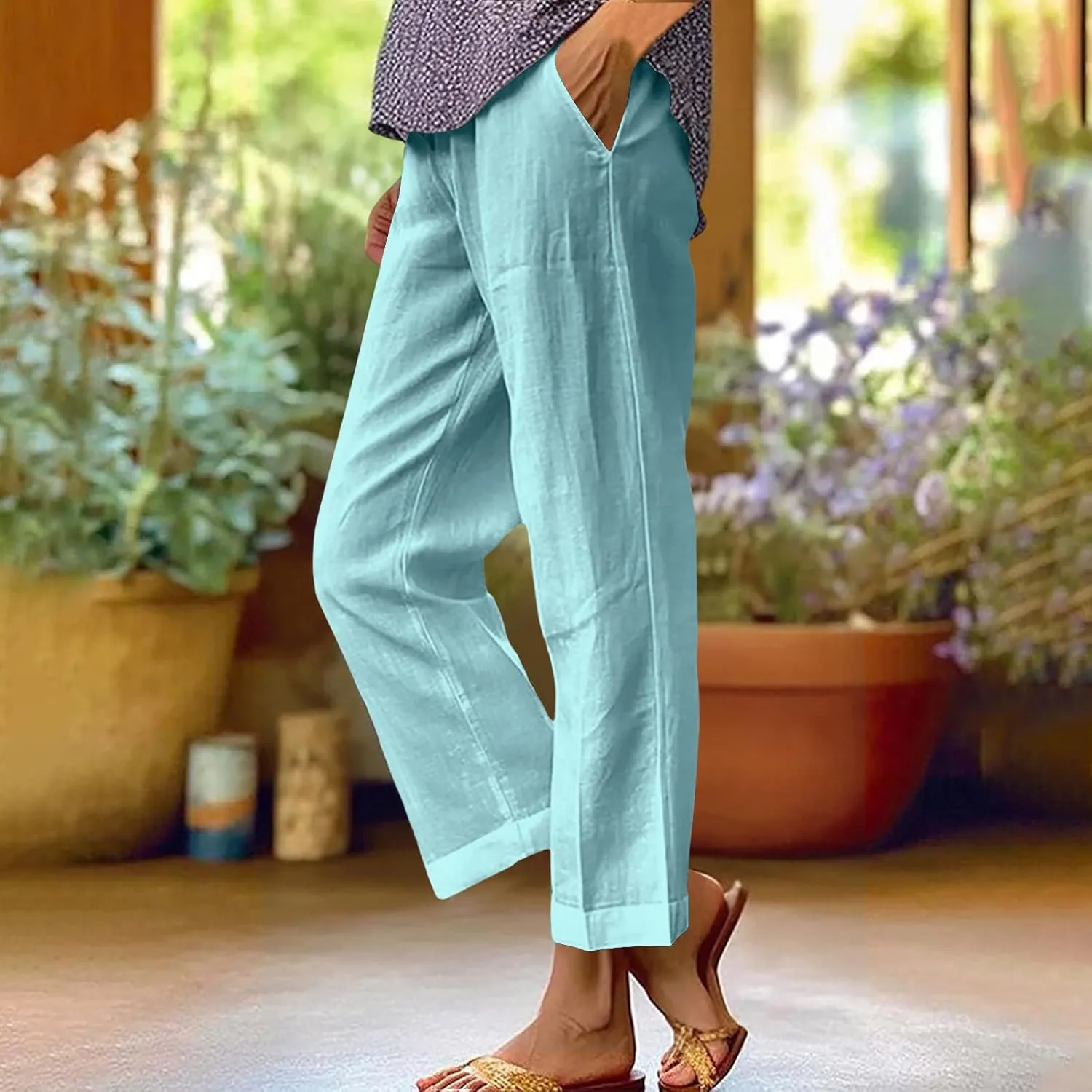 Women Cotton Linen Lounge Pants Comfy Elastic Waist Summer Beach Vacation Slacks 2025 Stylish Casual Trousers