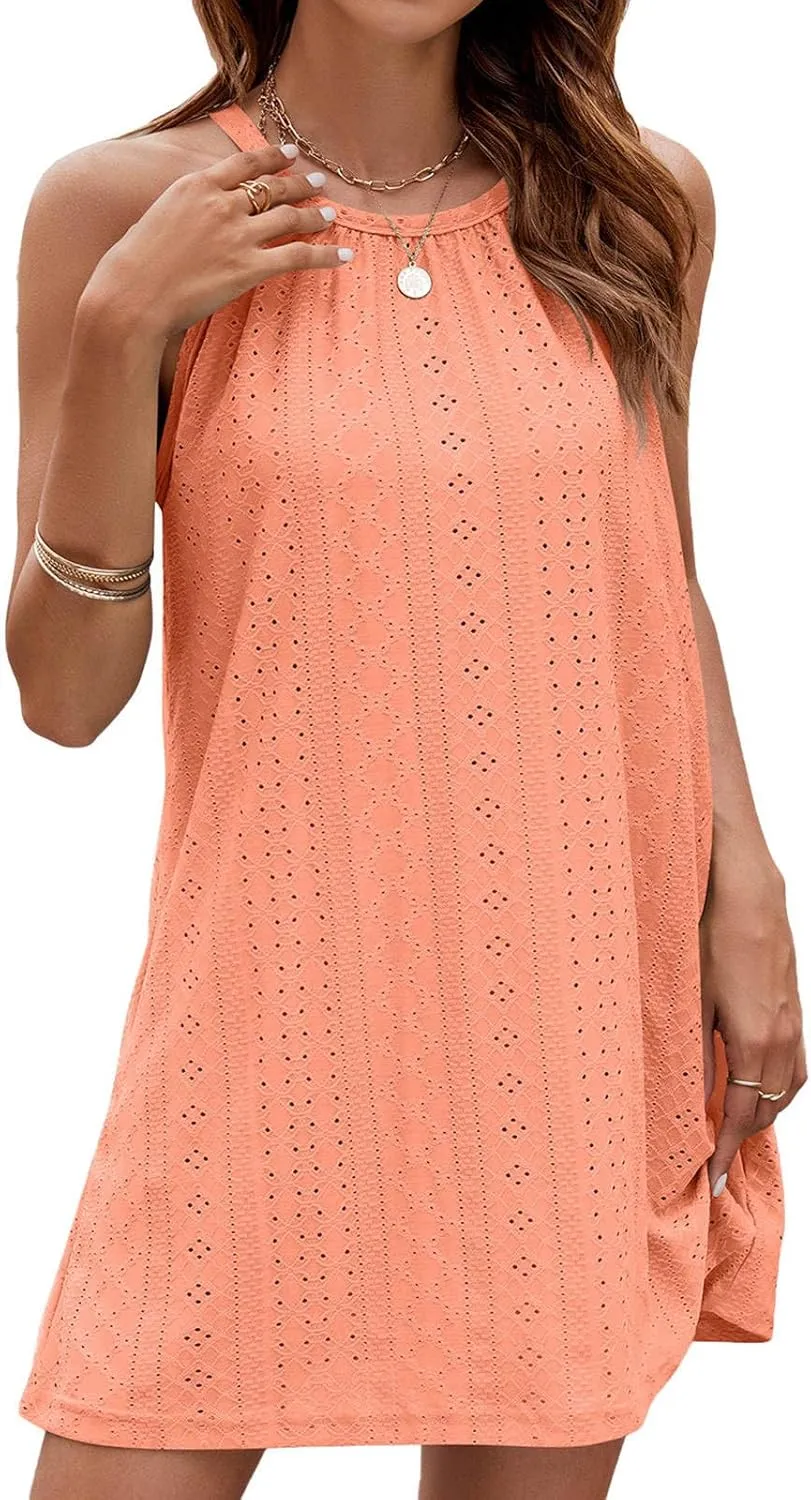 Women Eyelet Hollow Out Breathable Summer Short Dress, Halter Off Shoulder Beach Vacation Sundress Thin Comfy Dresses