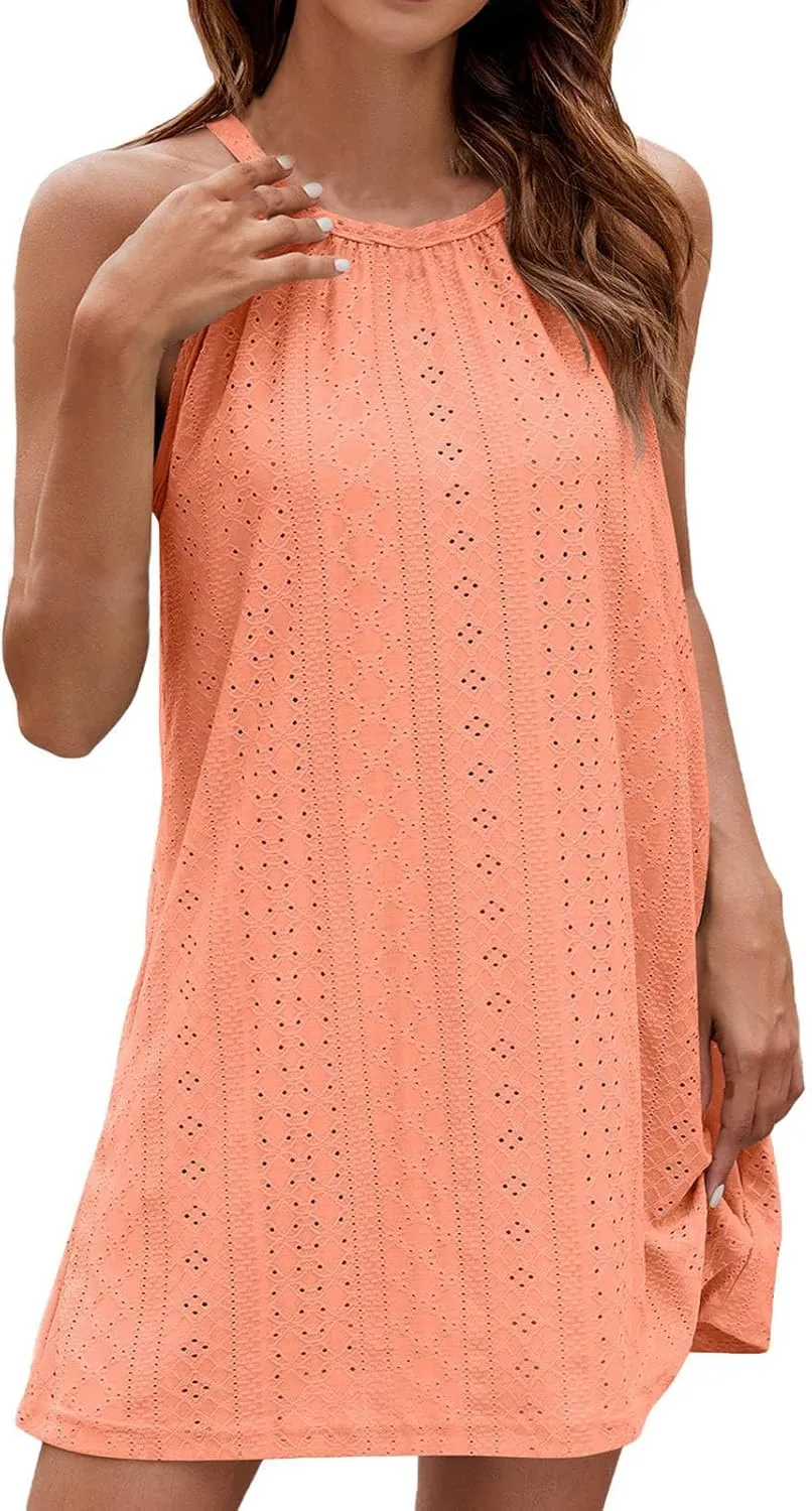 Women Eyelet Hollow Out Breathable Summer Short Dress, Halter Off Shoulder Beach Vacation Sundress Thin Comfy Dresses