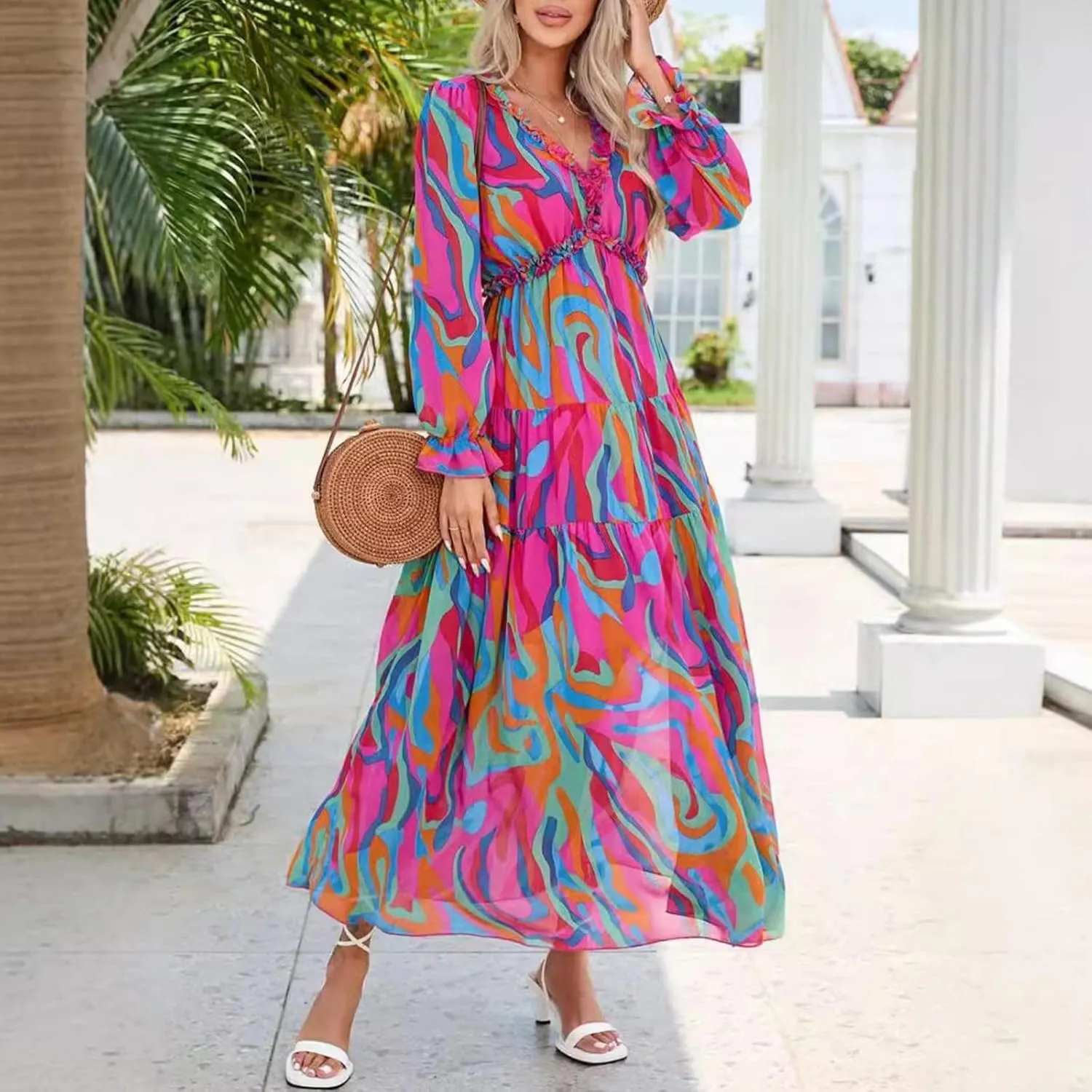 Women Summer Dresses V-Neck Floral Long Dress Casual Puff Sleeve Square Neck Floral Formal Dress