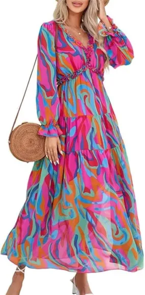 Women Summer Dresses V-Neck Floral Long Dress Casual Puff Sleeve Square Neck Floral Formal Dress