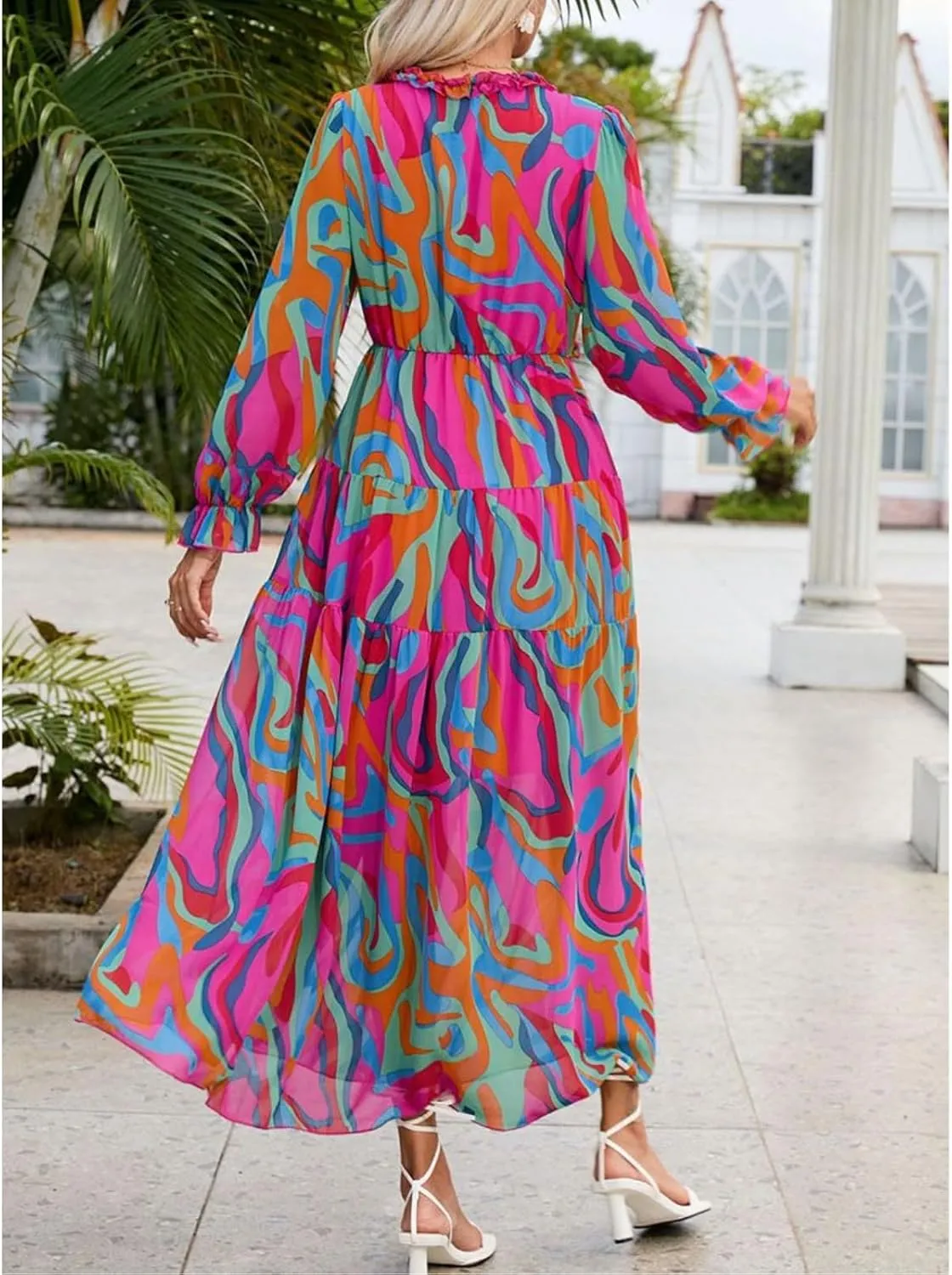 Women Summer Dresses V-Neck Floral Long Dress Casual Puff Sleeve Square Neck Floral Formal Dress
