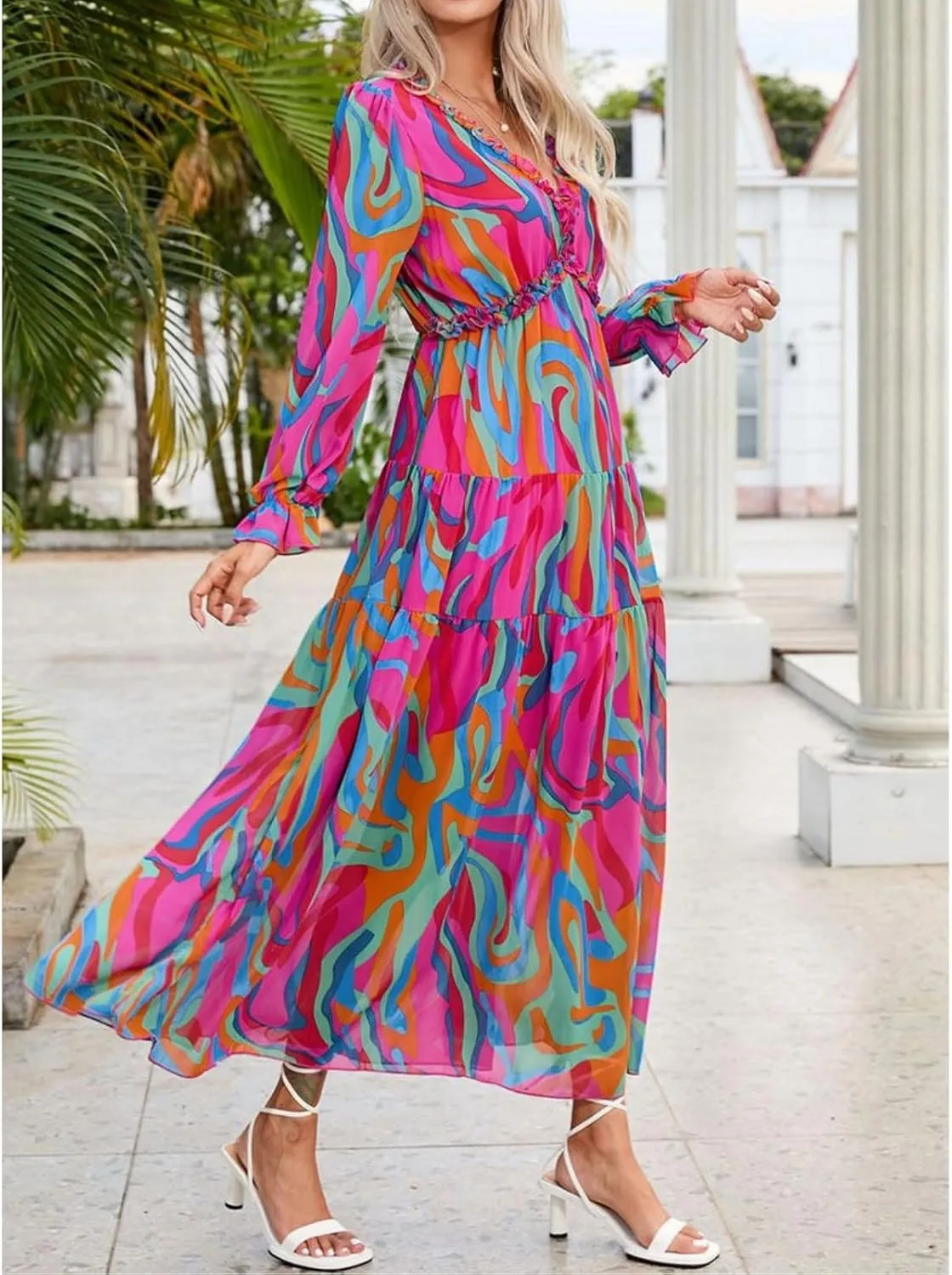 Women Summer Dresses V-Neck Floral Long Dress Casual Puff Sleeve Square Neck Floral Formal Dress