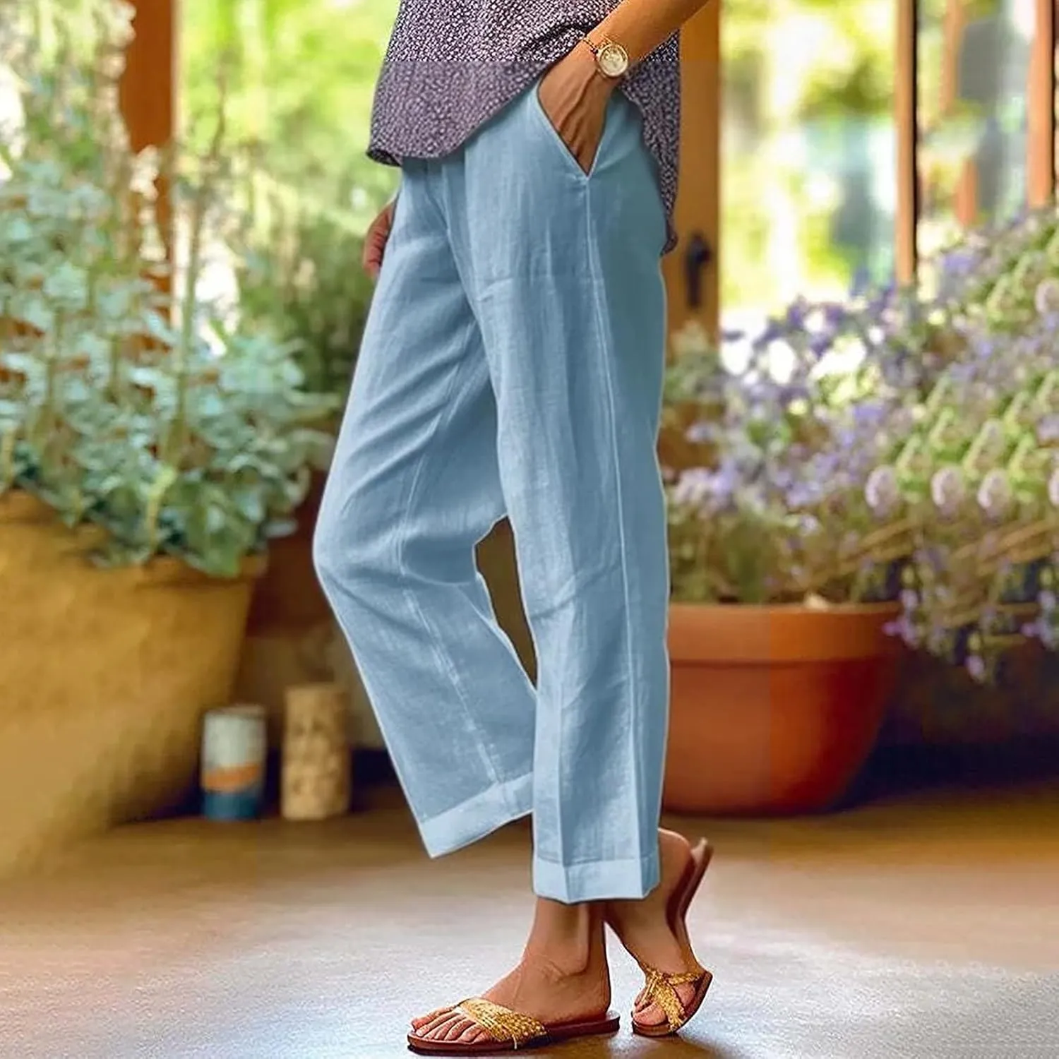 Women Summer Linen Pants Straight Leg Beach Vacation Comfy Baggy Trousers Dressy Palazzo Lounge Pants with Pockets