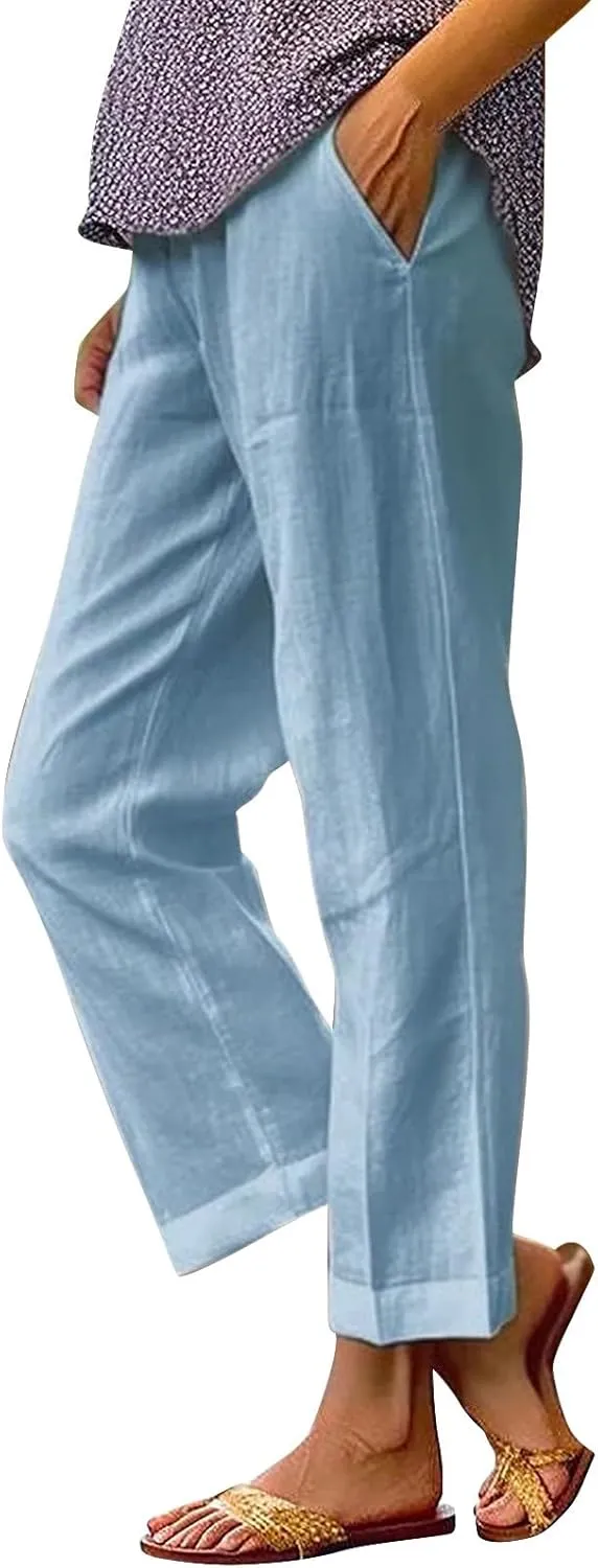 Women Summer Linen Pants Straight Leg Beach Vacation Comfy Baggy Trousers Dressy Palazzo Lounge Pants with Pockets