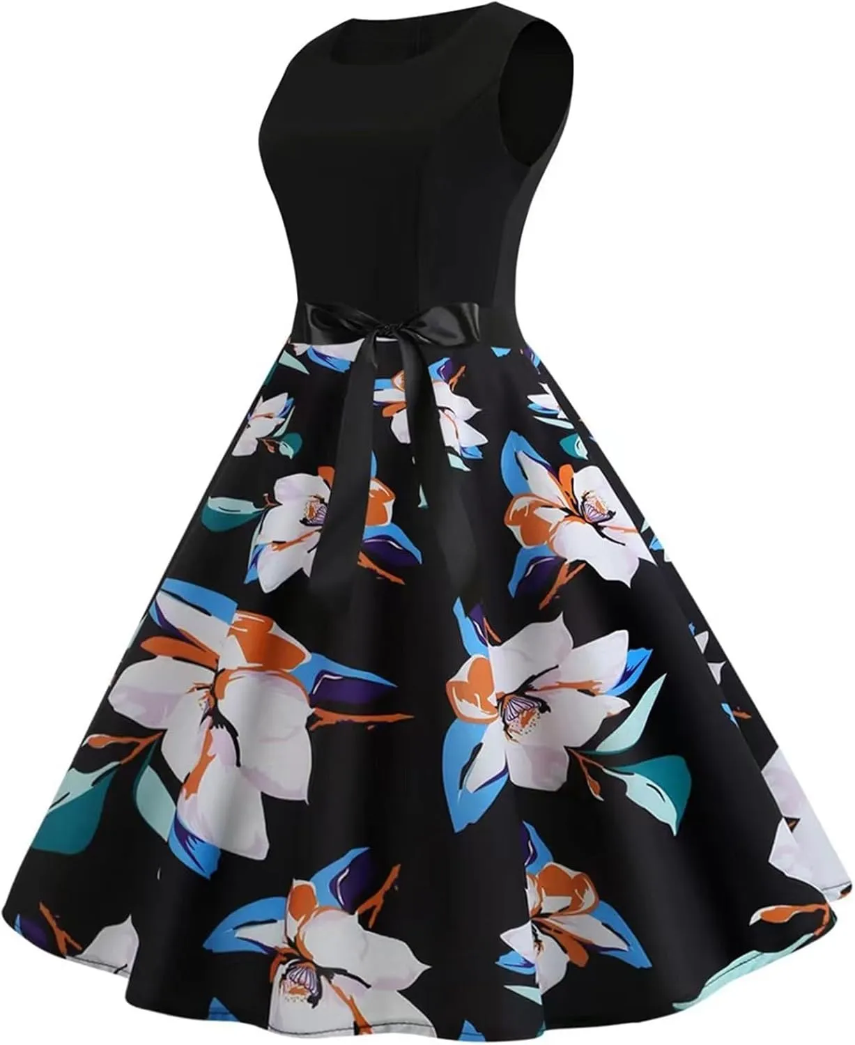 Women Vintage Patchwork Dresses Off Shoulder Short Sleeve 1950s Retro Cocktail Party Swing Dress Polka Dots Dress