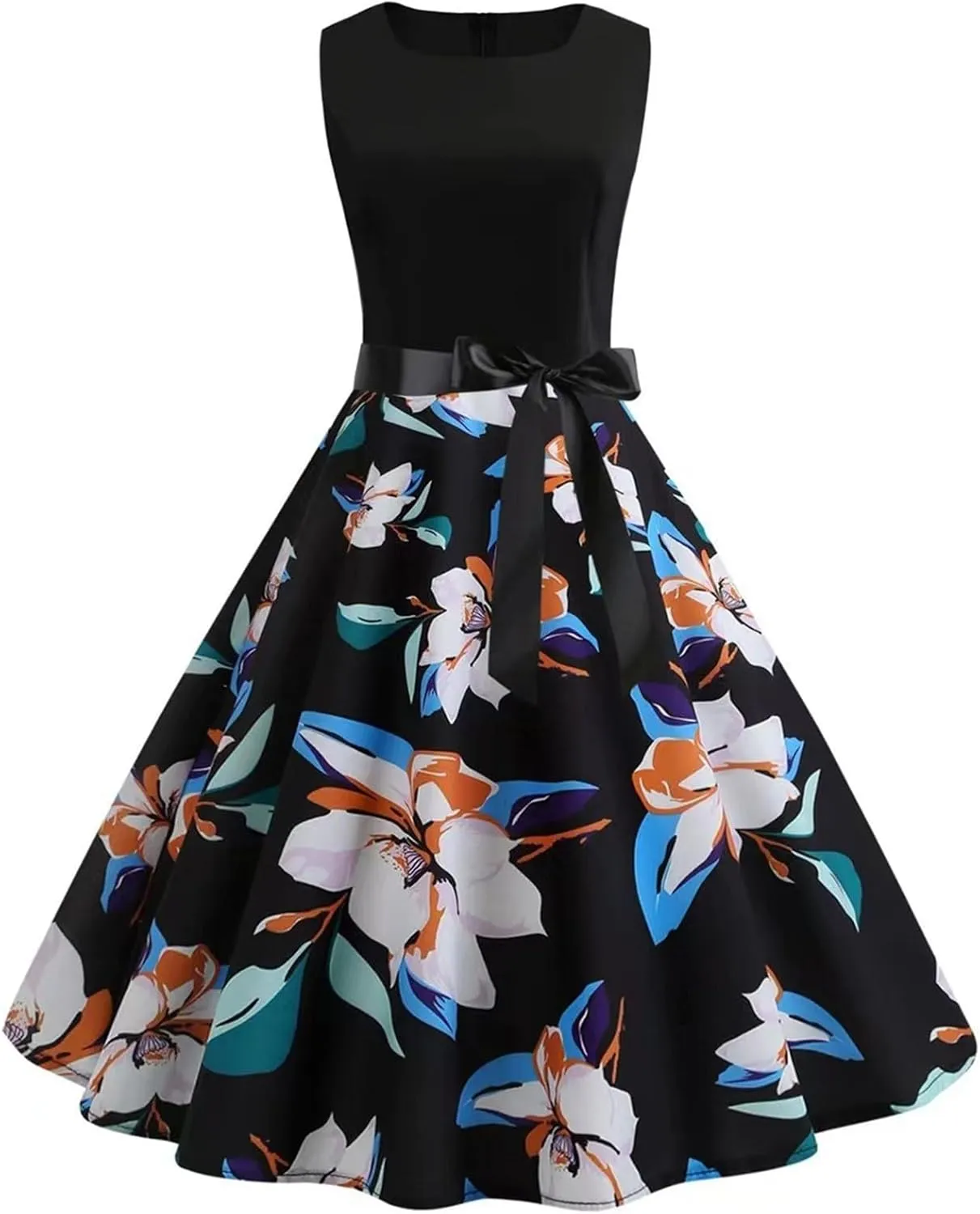 Women Vintage Patchwork Dresses Off Shoulder Short Sleeve 1950s Retro Cocktail Party Swing Dress Polka Dots Dress