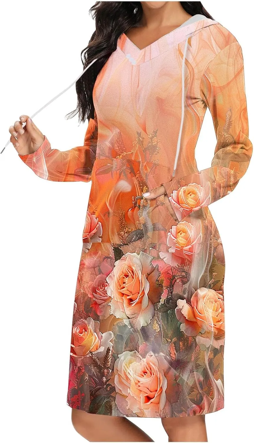 Women's 2024 Fall Dresses Long Sleeve V Neck Floral Dress Flowy Casual Dress Midi Dress Shift Long Dress
