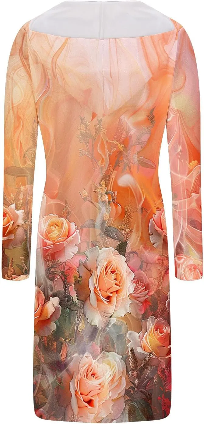 Women's 2024 Fall Dresses Long Sleeve V Neck Floral Dress Flowy Casual Dress Midi Dress Shift Long Dress