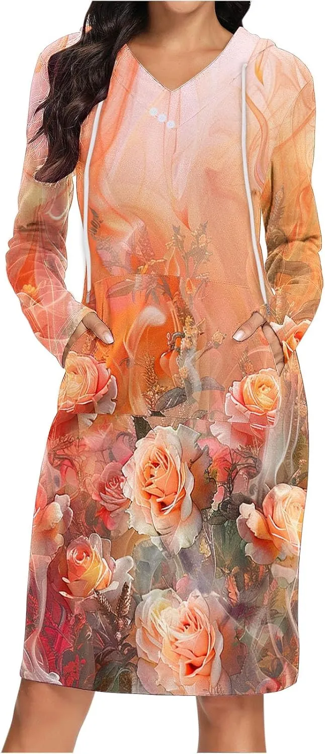 Women's 2024 Fall Dresses Long Sleeve V Neck Floral Dress Flowy Casual Dress Midi Dress Shift Long Dress