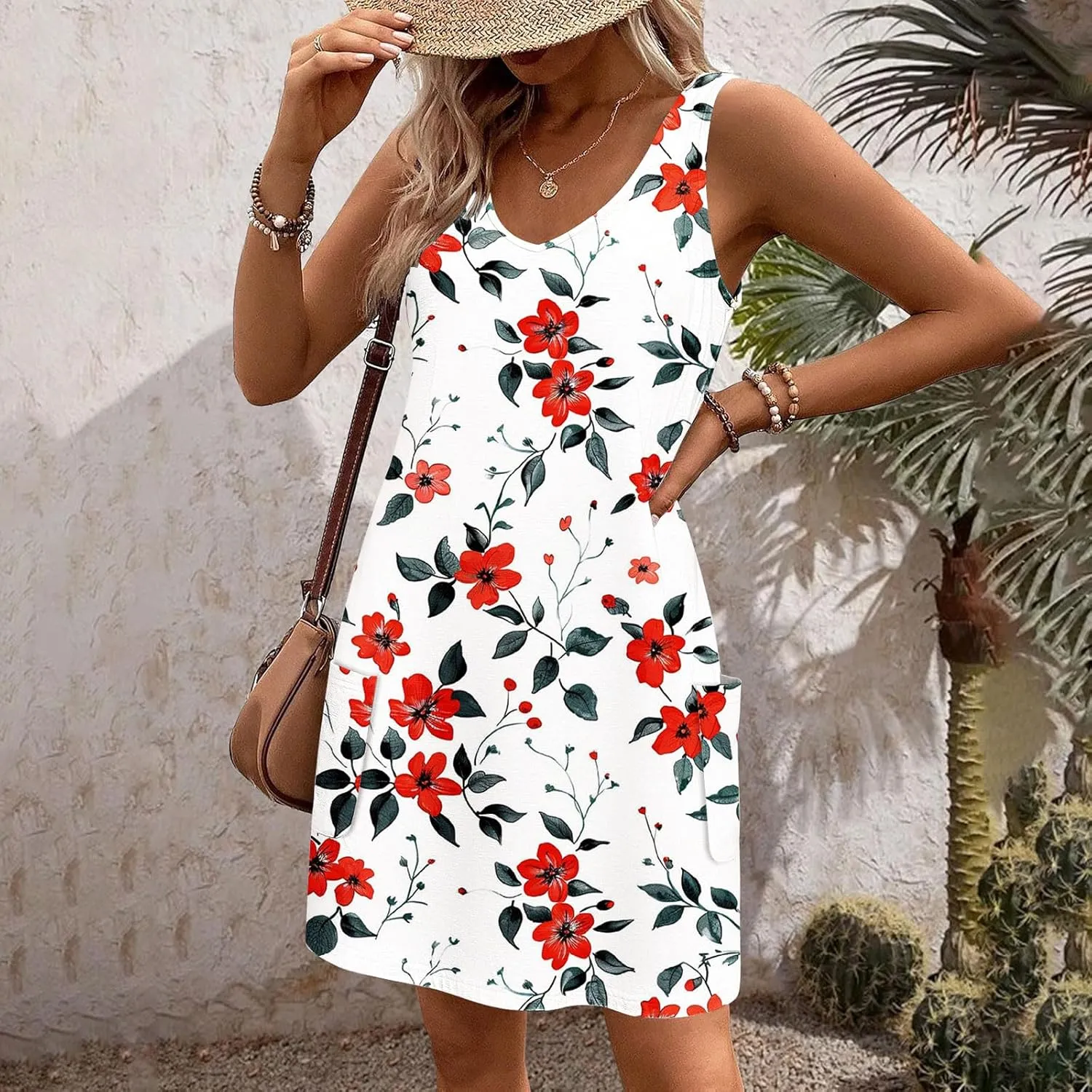 Women's Beach Dress Summer Fashion Floral Print V Neck Sleeveless Short Dress Casual Loose Breathable Sundress