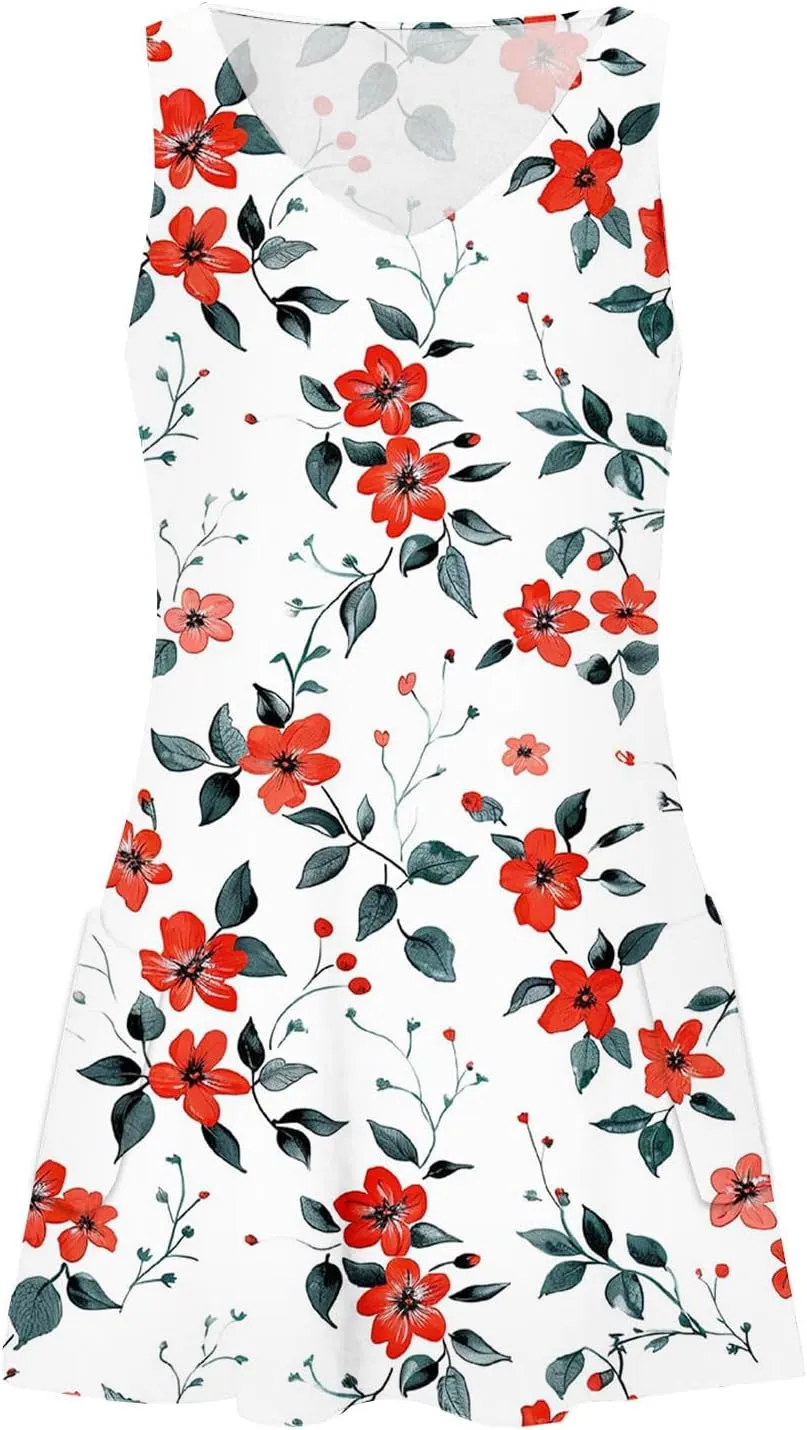 Women's Beach Dress Summer Fashion Floral Print V Neck Sleeveless Short Dress Casual Loose Breathable Sundress