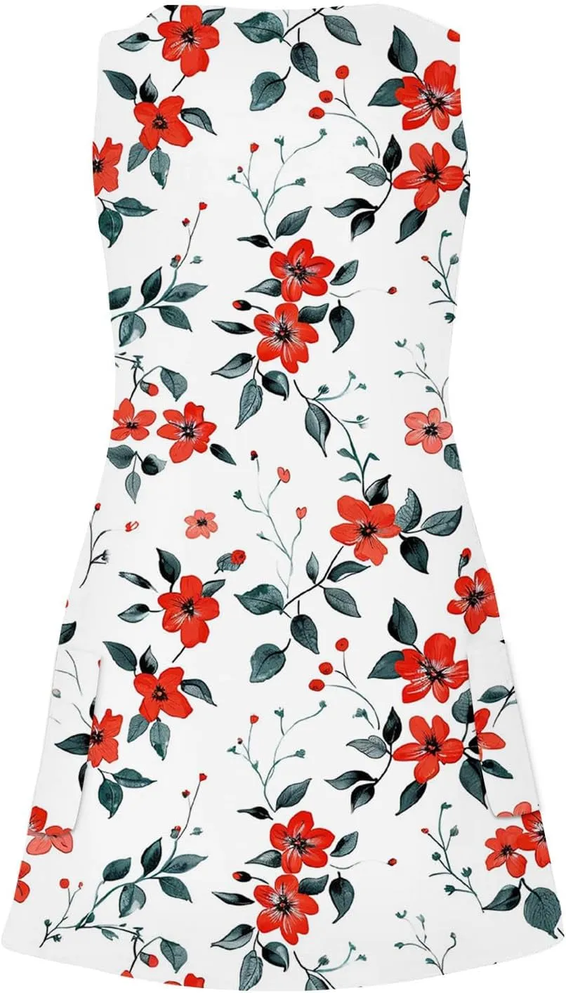 Women's Beach Dress Summer Fashion Floral Print V Neck Sleeveless Short Dress Casual Loose Breathable Sundress