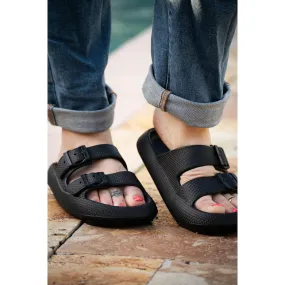 Women’s Black Buckle Slides – Stylish & Comfy Summer Sandals | Casual Slip-On Shoes