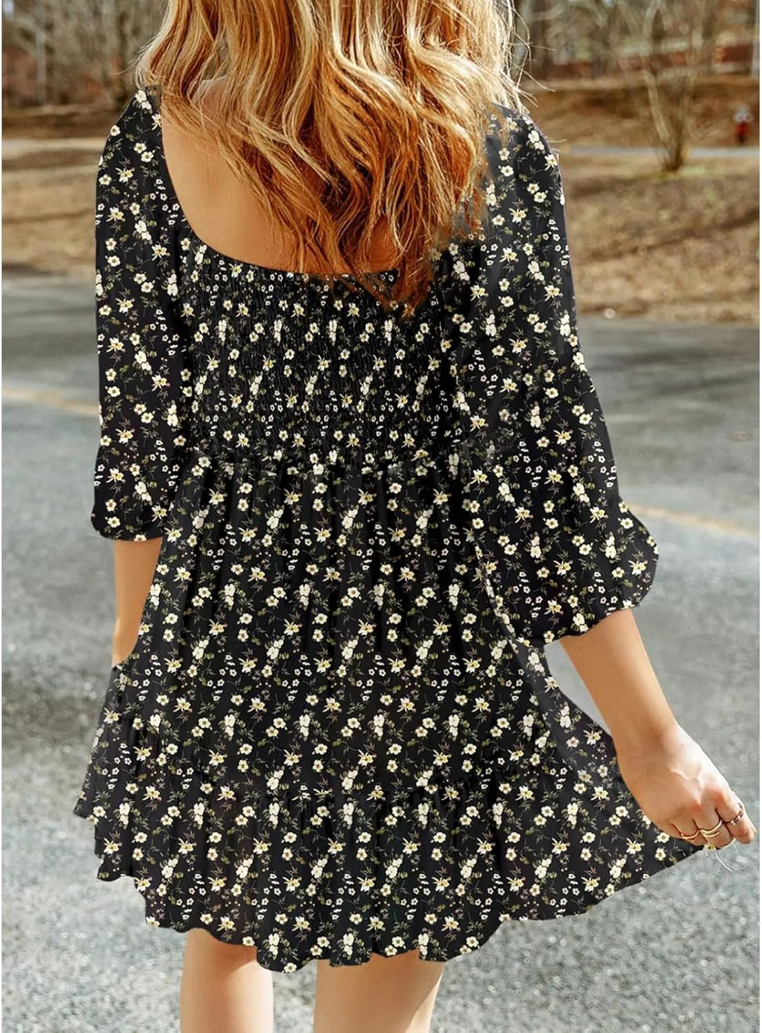 Womens Boho Floral Dresses Smocked Square Neck Puff Sleeve Dress Casual A-Line Swing Mini Vacation Dress