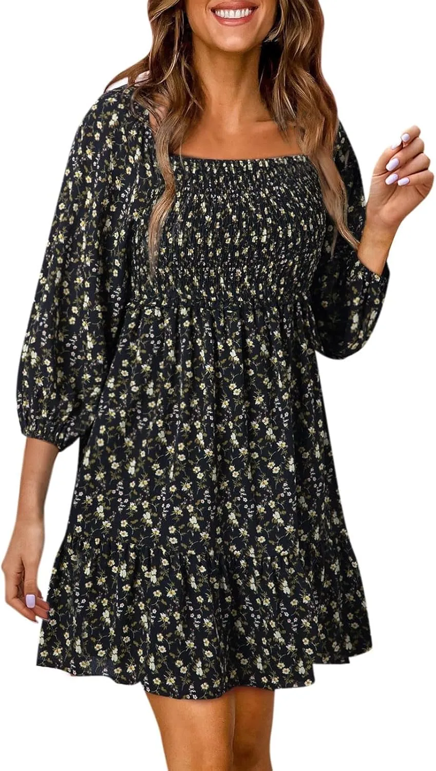 Womens Boho Floral Dresses Smocked Square Neck Puff Sleeve Dress Casual A-Line Swing Mini Vacation Dress