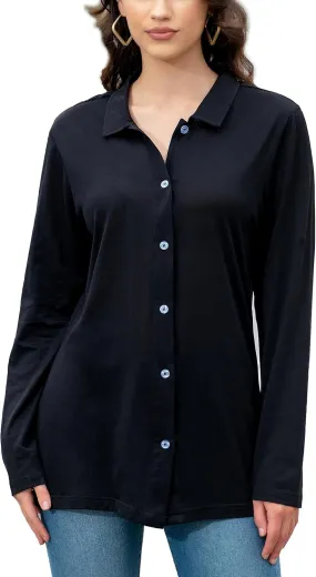 Women's Cotton Basic Button Down Shirt Long Sleeve Wrinkle Free Collared Blouse Lightweight Soft Comfortable Jersey Knit Tops