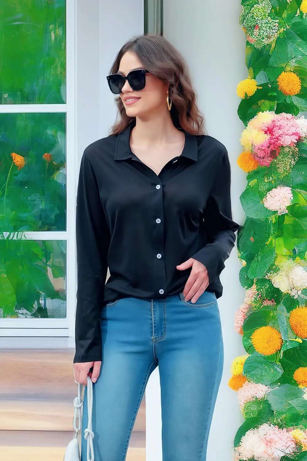 Women's Cotton Basic Button Down Shirt Long Sleeve Wrinkle Free Collared Blouse Lightweight Soft Comfortable Jersey Knit Tops
