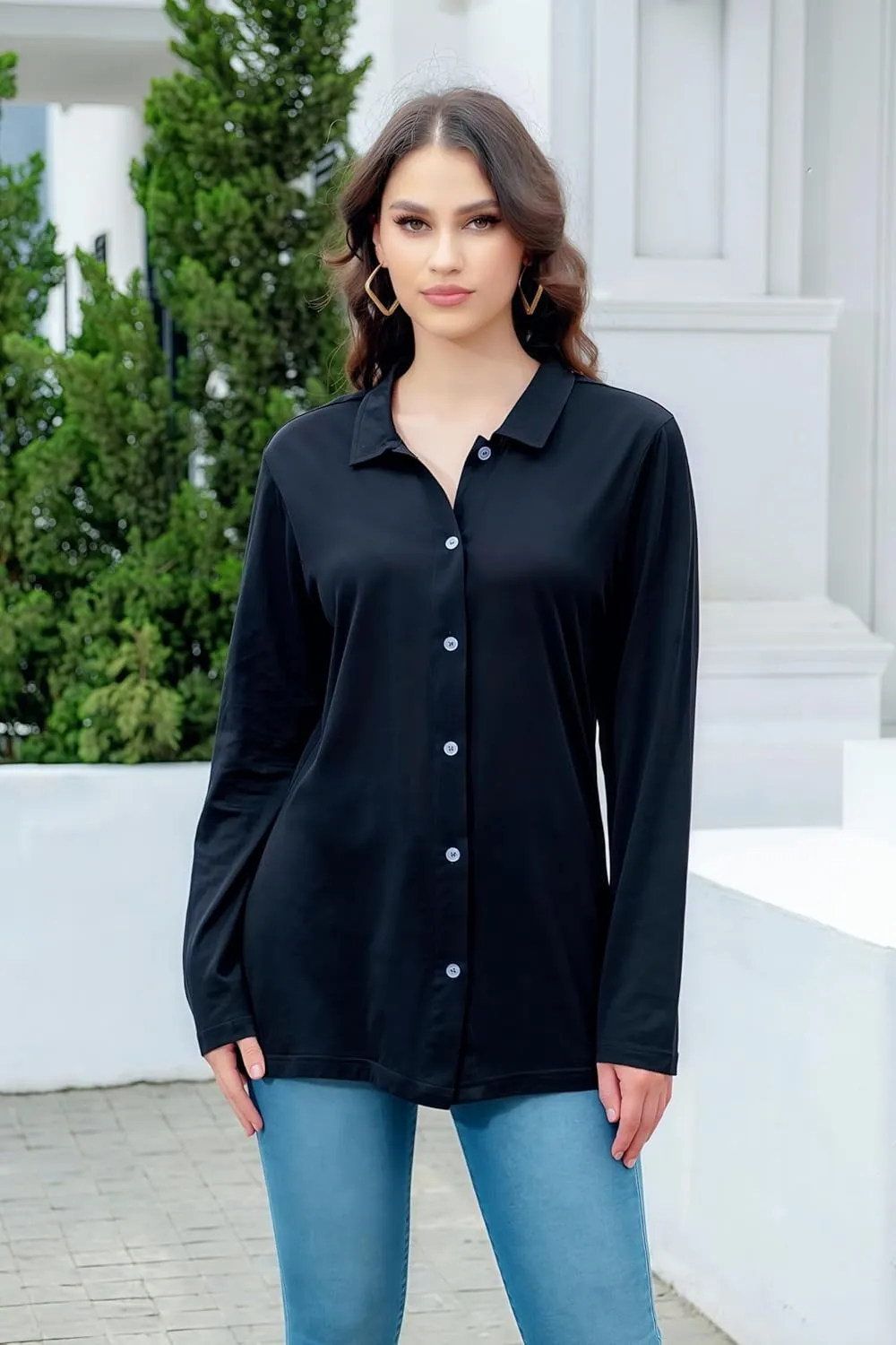 Women's Cotton Basic Button Down Shirt Long Sleeve Wrinkle Free Collared Blouse Lightweight Soft Comfortable Jersey Knit Tops