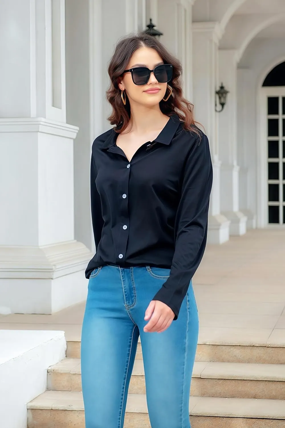 Women's Cotton Basic Button Down Shirt Long Sleeve Wrinkle Free Collared Blouse Lightweight Soft Comfortable Jersey Knit Tops