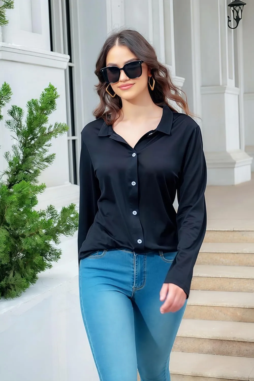 Women's Cotton Basic Button Down Shirt Long Sleeve Wrinkle Free Collared Blouse Lightweight Soft Comfortable Jersey Knit Tops