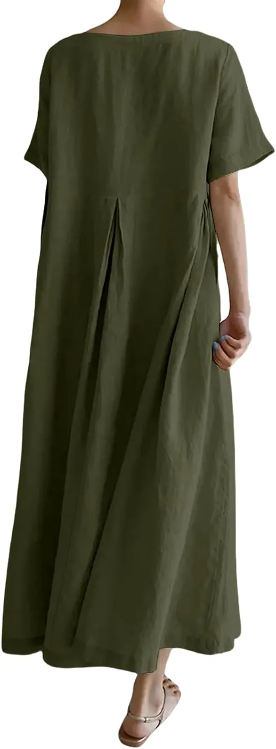 Women's Cotton Linen Dress Casual Crew Neck Short Sleeve Flowy Ruffle Hem Flowy Maxi Dress with Pockets
