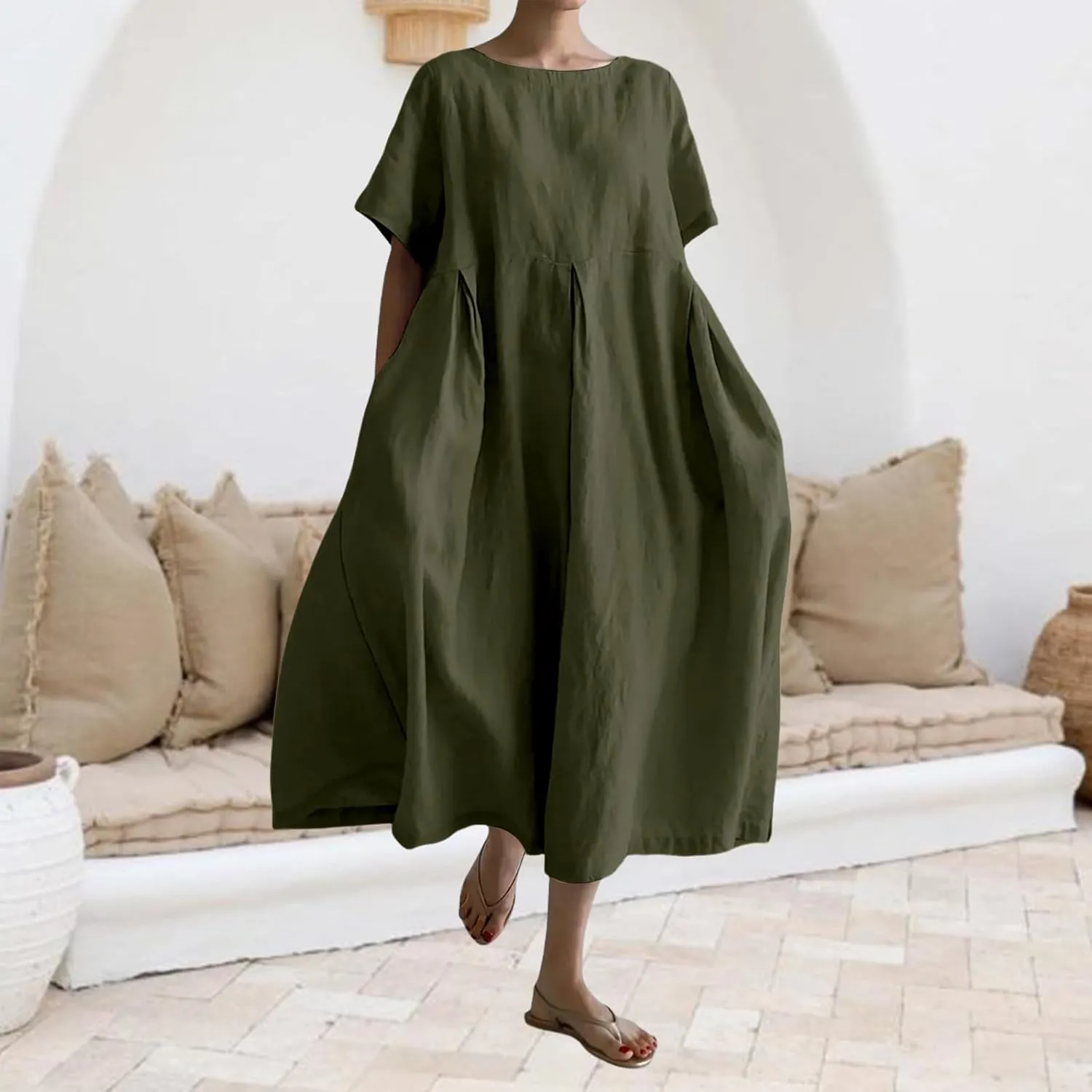 Women's Cotton Linen Dress Casual Crew Neck Short Sleeve Flowy Ruffle Hem Flowy Maxi Dress with Pockets