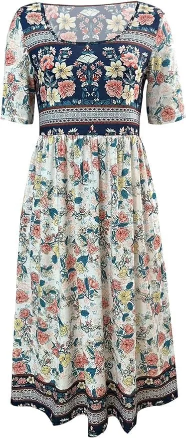 Women's Cotton Summer Midi Dress Short Half Sleeves Tunic Vacation Dress with Pockets