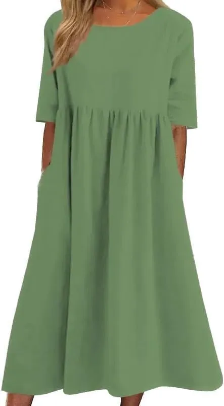 Women's Cotton Summer Midi Dress Short Half Sleeves Tunic Vacation Dress with Pockets