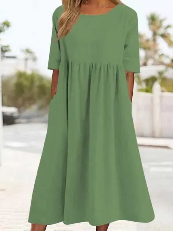 Women's Cotton Summer Midi Dress Short Half Sleeves Tunic Vacation Dress with Pockets