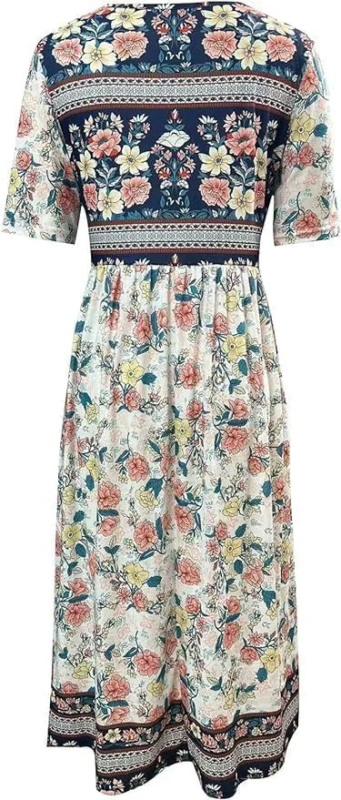 Women's Cotton Summer Midi Dress Short Half Sleeves Tunic Vacation Dress with Pockets