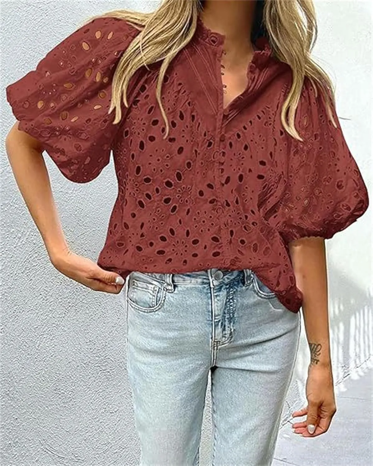 Women's Eyelet Tops Casual Puff Short Sleeve V Neck Tops Breathable Hollow Out Embroidered Shirts Button Down Shirts