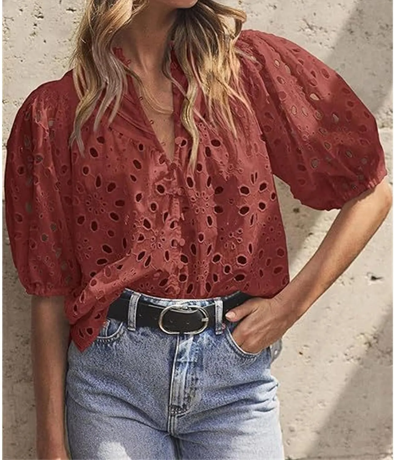 Women's Eyelet Tops Casual Puff Short Sleeve V Neck Tops Breathable Hollow Out Embroidered Shirts Button Down Shirts