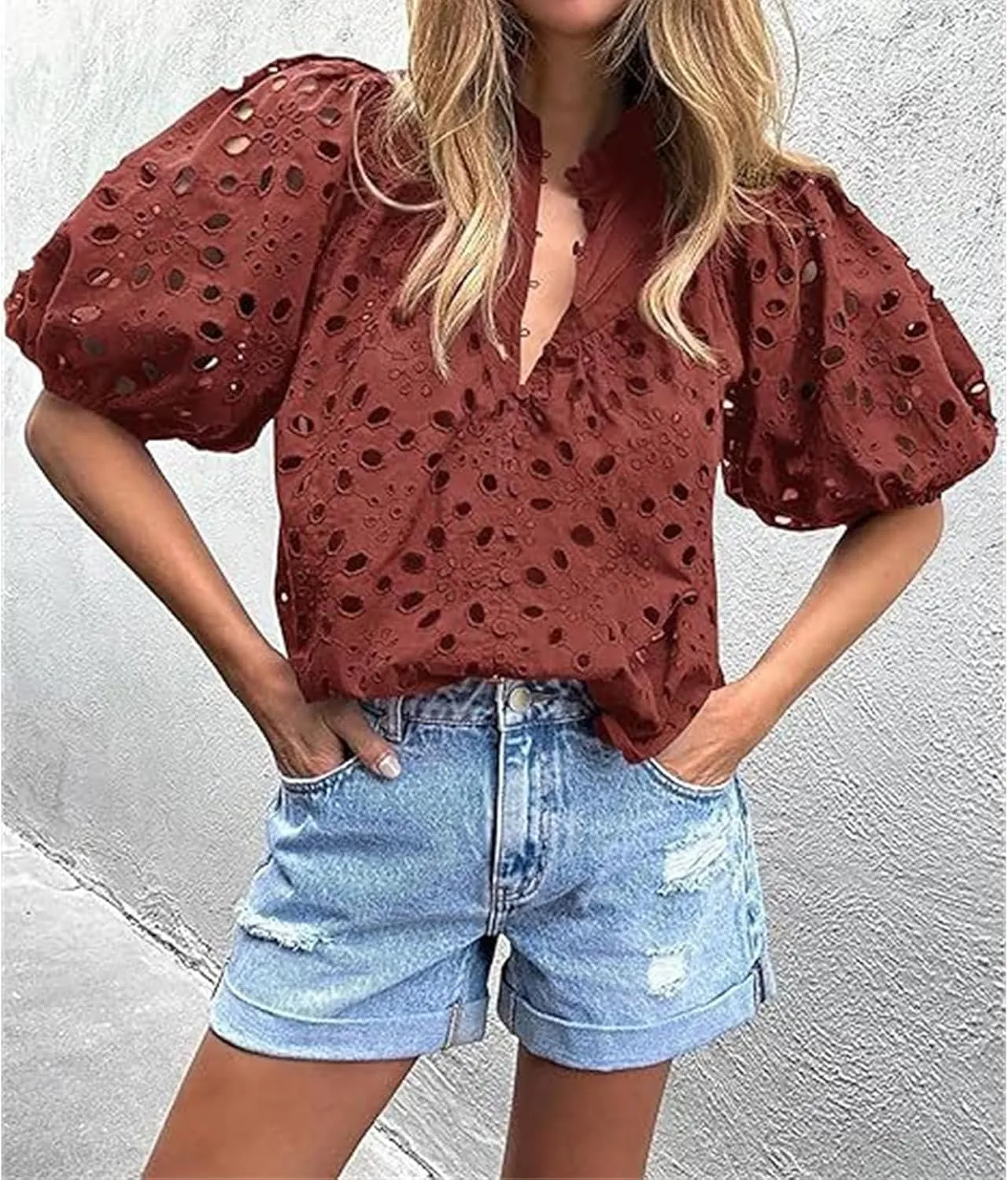 Women's Eyelet Tops Casual Puff Short Sleeve V Neck Tops Breathable Hollow Out Embroidered Shirts Button Down Shirts