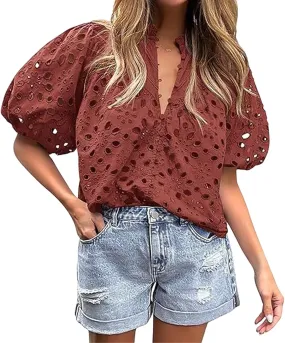 Women's Eyelet Tops Casual Puff Short Sleeve V Neck Tops Breathable Hollow Out Embroidered Shirts Button Down Shirts